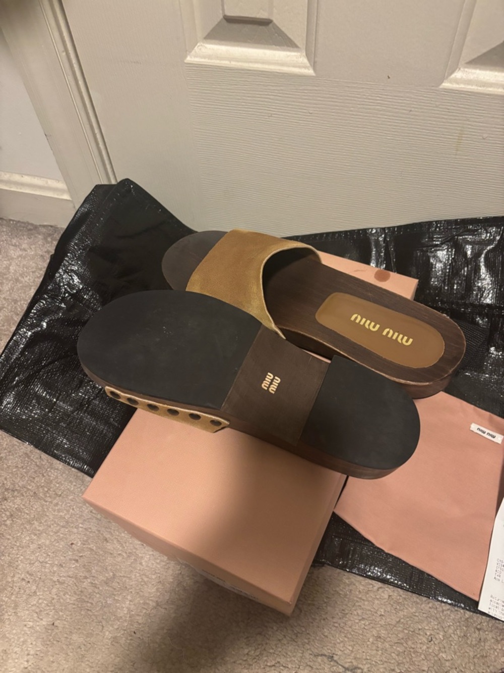 Miu Miu Suede Slide Sandals in Mustard and Dark Brown